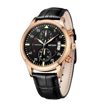 MEGIR really Lichade two dribbling calendar watch men's business casual table Leather Watch-Black Rose gold (Intl)  