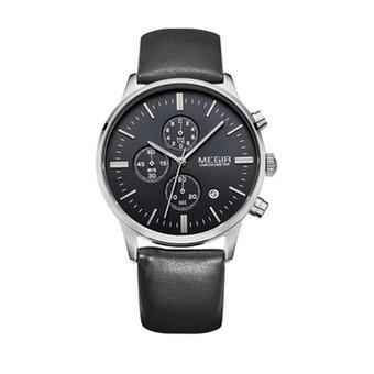 Megir 8254 Chronograp Black Genuine Leather Casual Watch (Black)  