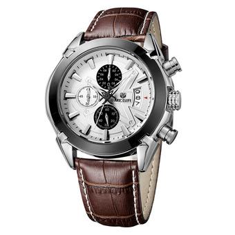 Megir Branded New Fashion Man Watch Genuine Leather Band 3 Small Dials Quartz Wristwatch Analog Display Date Chronograph Black/Brown Relogio Masculino (Intl)  