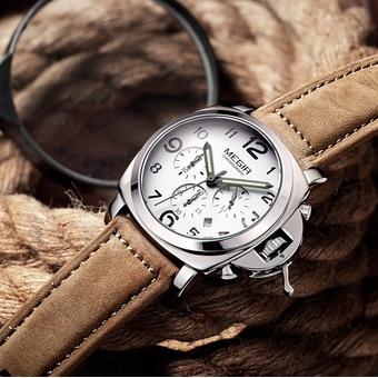 Megir Men's Chronograph Luminous Leather Quartz Watch White Face 3406G (Intl)  