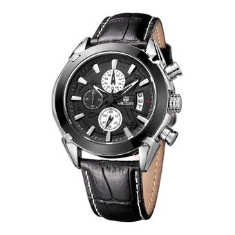 Megir fashion leather sports quartz watch for man military chronograph wrist watches men army style (black) (Intl)  