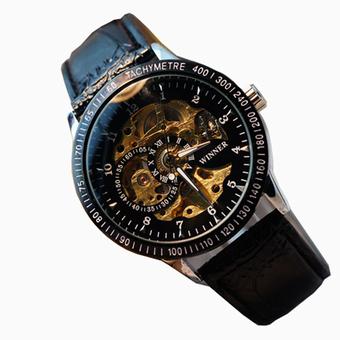 Men Hollow Skeleton Automatic Mechanical Stainless Steel Wrist Watch Black (Intl)  
