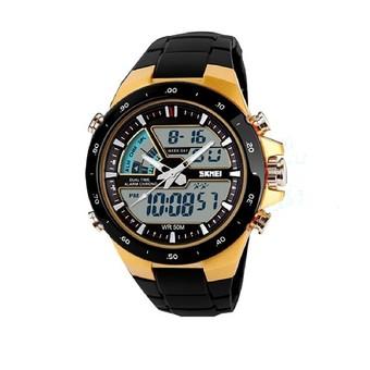 Men Waterproof Fashion Casual Quartz Watch Digital & Analog Military Multifunctional Sports Watches Gold shell&Black Belt (Intl)  