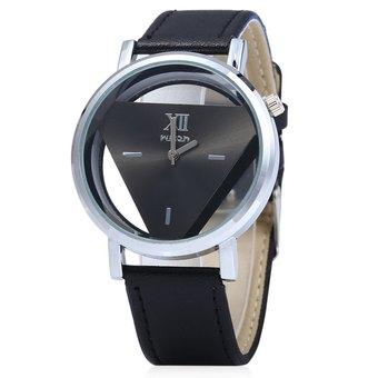 Men Women Hollow Quartz Watch Inverted Triangle Dial Leather Band (Black) - Intl  