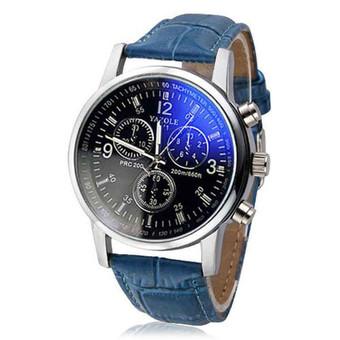 Mens Luxury Fashion Faux Leather Blue Ray Glass Quartz Analog Watches Blue  