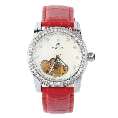Monica Round Mechanical Analog Watch Love Hearts Groove Hollow Design PU Band - Red