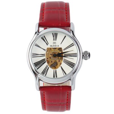 Monica Unisex Round Case Classic Mechanical Analog Watch PU Band Hollow Dial - Red