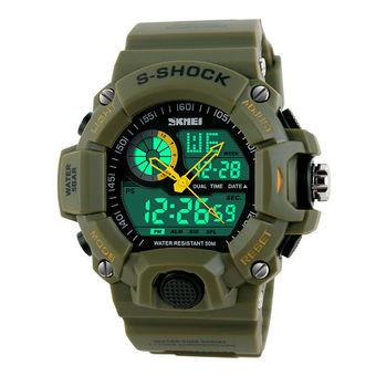 Multi-function Mens LED Digital Alarm Waterproof Rubber Sports Army Wrist Watch Army Green (Intl)  