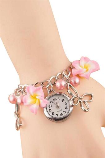 New Fashion Ladies Colorful Clay Flower Bracelet Quartz Watch Pink Jam Tangan  