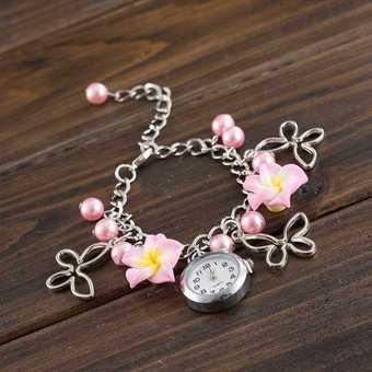 New Fashion Ladies Colorful Clay Flower Bracelet Quartz Watch Pink  