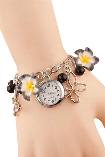 New Fashion Ladies Colorful Clay Flower Bracelet Quartz Watch Black Jam Tangan  