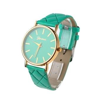 New Fashion Women's Casual Geneva Checkers Leather Band Analog Quartz Wrist Watch Mint Green  