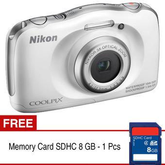 Nikon Coolpix S33 Digital Camera -13.2MP - 3x Optical Zoom - Putih + Gratis SDHC 8 GB  