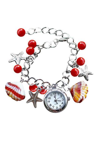Norate Beads Shell Chain Bracelet Cuff Quartz Wrist Watch Red