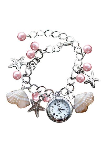 Norate Beads Shell Chain Bracelet Cuff Quartz Wrist Watch Pink