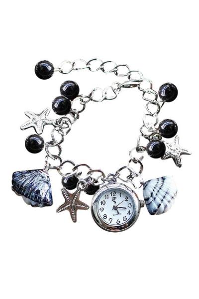 Norate Beads Shell Women's Silver Black Chain Wrist Watch