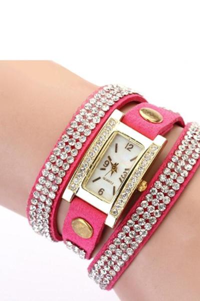 Norate Geneva Women's Square Rhinestone Faux Leather Watch Rose-Red