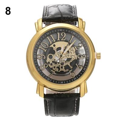 Norate Jam Tangan Pria - Hollow Carved Dial Leather Black Strap & Gold Case & Black Dial