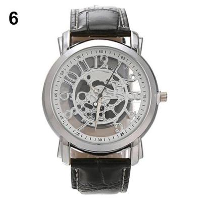 Norate Jam Tangan Pria - Hollow Carved Dial Leather Black Strap & Silver Case & White Dial
