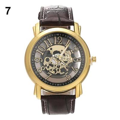 Norate Jam Tangan Pria - Hollow Carved Dial Leather Brown Strap & Gold Case & Black Dial