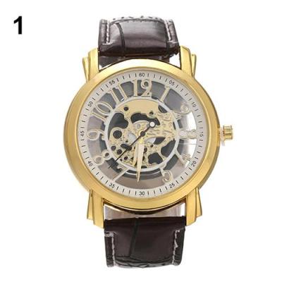 Norate Jam Tangan Pria - Hollow Carved Dial Leather Brown Strap & Gold Case & White Dial