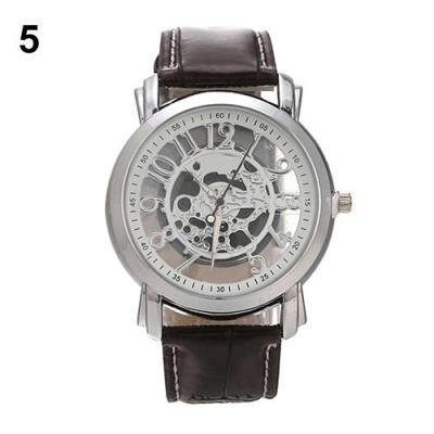 Norate Jam Tangan Pria - Hollow Carved Dial Leather Brown Strap & Silver Case & White Dial