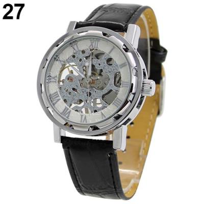 Norate Jam Tangan Pria - Leather Skeleton Mechanical Wrist Watch White