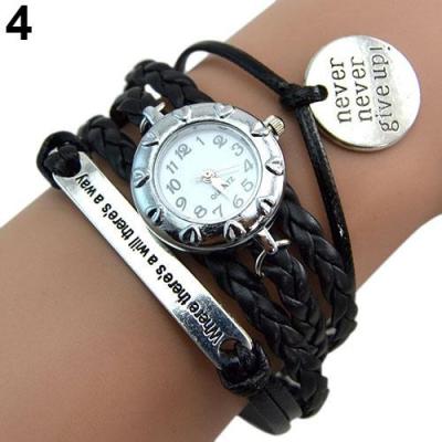Norate Jam Tangan Wanita - Motto Never Give Up Charm Bracelet Wrist Watch Black