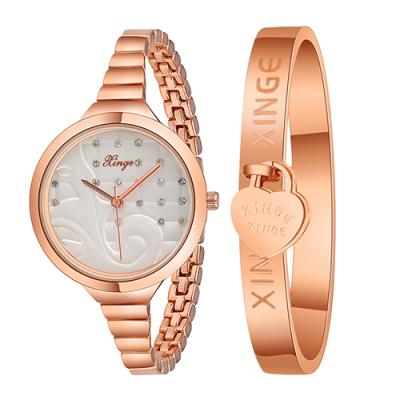 Norate Lady Round Dial Czech Stones Slim Band Casual Wrist Watch + Heart Lock Bangle