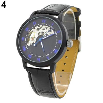Norate Men Mechanical Skeleton Dial Stainless Steel Case Faux Leather Band Wrist Watch Black case+Black dial