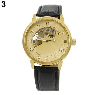 Norate Men Mechanical Skeleton Dial Stainless Steel Case Faux Leather Band Wrist Watch Gold case+Gold dial