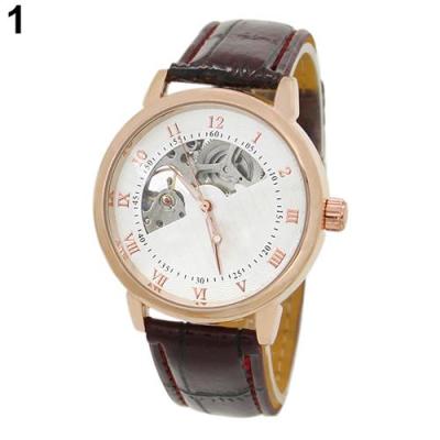 Norate Men Mechanical Skeleton Dial Stainless Steel Case Faux Leather Band Wrist Watch Rose Gold case+White dial