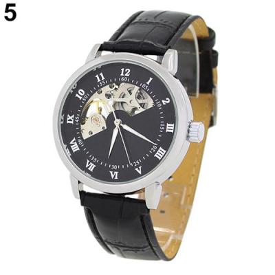 Norate Men Mechanical Skeleton Dial Stainless Steel Case Faux Leather Band Wrist Watch Silver case+Black dial