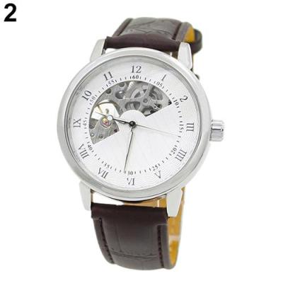 Norate Men Mechanical Skeleton Dial Stainless Steel Case Faux Leather Band Wrist Watch Silver case+White dial