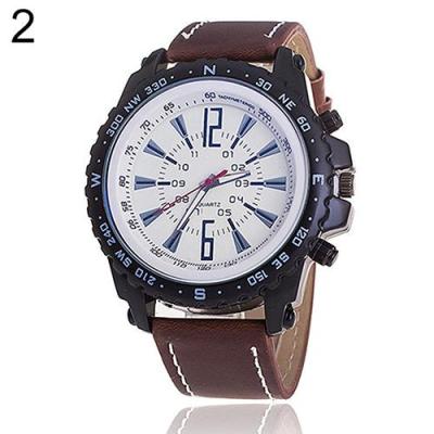 Norate Men's Faux Leather Strap Business Wrist Watch Dark Brown Band & White Dial
