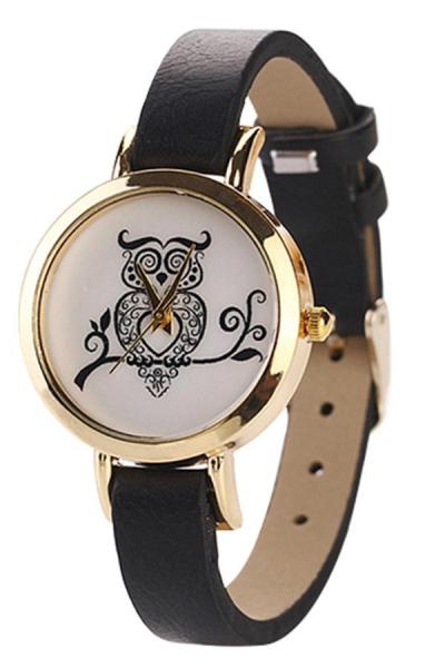 Norate Owl Rose Gold Plated Faux Leather Wrist Watch Black