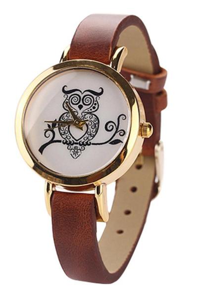 Norate Owl Rose Gold Plated Faux Leather Wrist Watch Brown