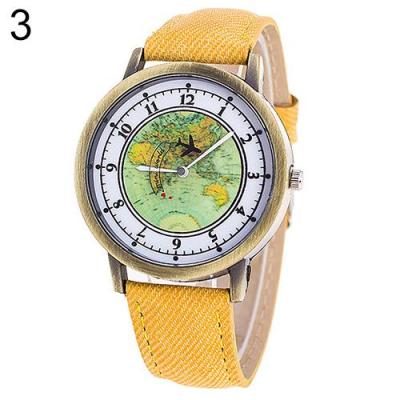 Norate Unisex Map Airplane Dial Denim Jean Band Analog Quartz Wrist Watch Yellow