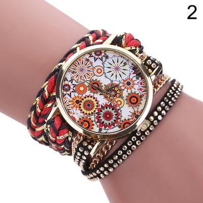 Norate Women Fashion Multilayer Knitted Rivet Chain Flower Case Bracelet Wrist Watch Red