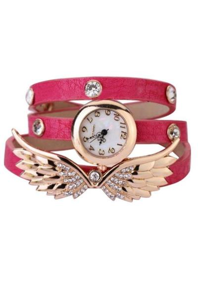 Norate Women's Angel Wings Rhinestone Pink Leather Strap Watch