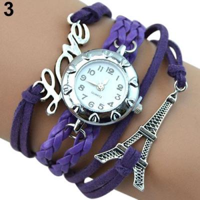Norate Women's Eiffel Tower Love Word Braided Faux Leather Bracelet Wrist Watch Purple
