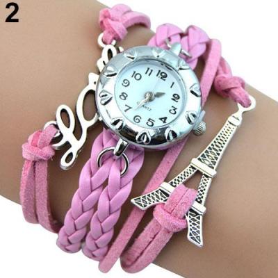 Norate Women's Eiffel Tower Love Word Braided Faux Leather Bracelet Wrist Watch Pink
