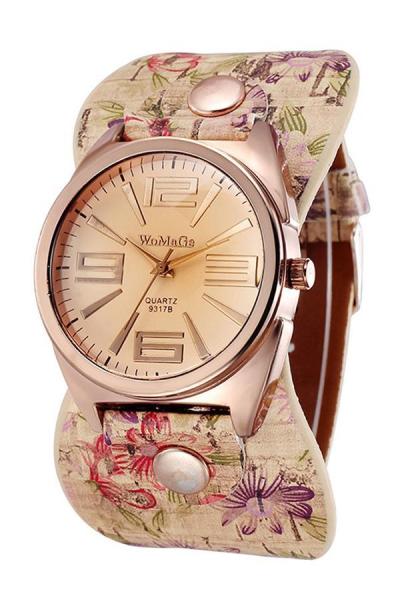 Norate Women's Womage Rose Golden Floral Faux Leather Strap Watch