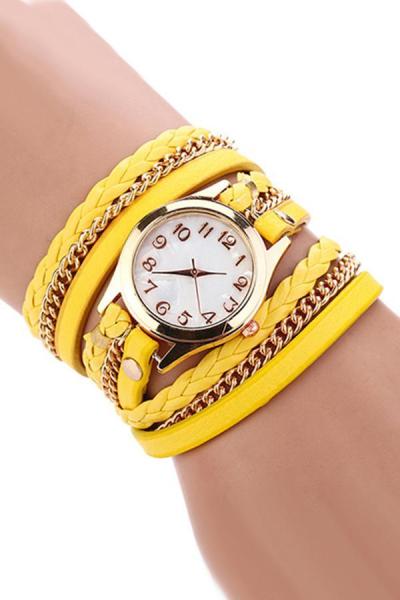 Norate Women's Wrap Rivet Faux Leather Bracelet Wrist Watch Yellow