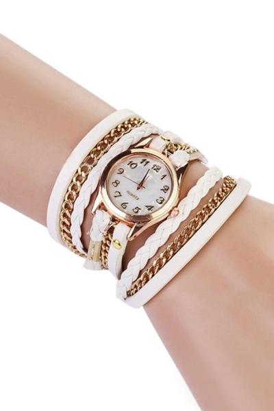 Norate Women's Wrap Rivet Faux Leather Bracelet Wrist Watch White