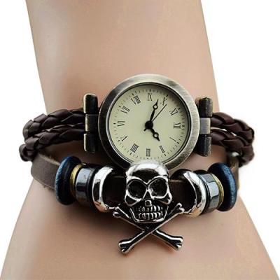 Norate Womens Retro Roman Numeral Round Dials Leather Bracelet Quartz Wrist Watch Silver skull Decoration