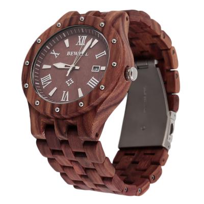 OBN BEWELL Fashion Cool Men Sandalwood Wooden Quartz Watch Round Wristwatch-Red