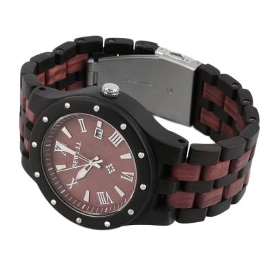 OBN BEWELL Fashion Cool Men Sandalwood Wooden Quartz Watch Round Wristwatch-Black