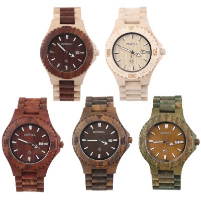 OBN Bewell W023B Round Shaped Men Wood Calendar Quartz Wrist Wristwatch Gift-Brown