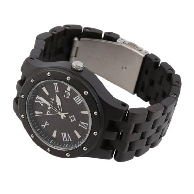 OBN Men's Wooden Black Sandal Wood Roman Numerals Round Dial Date Wrist Watch-Black